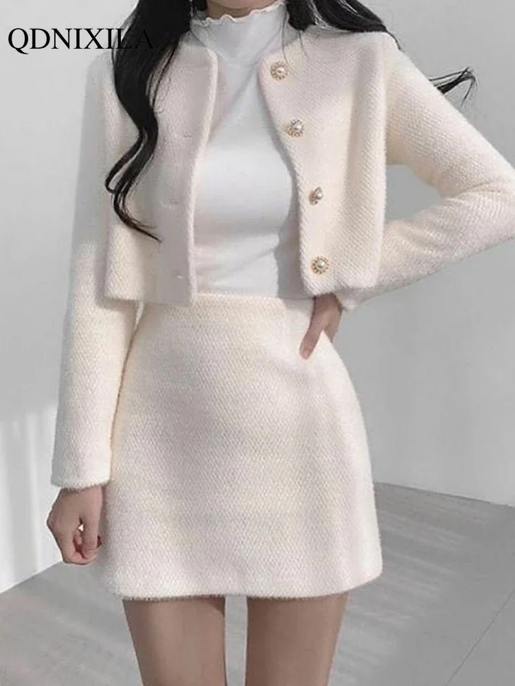 2024 Spring Summer Korean Fashion Sweet Women\'s Suit with Skirt Two Piece Set for Women Dress Sets Matching Outfit Elegant Tweed