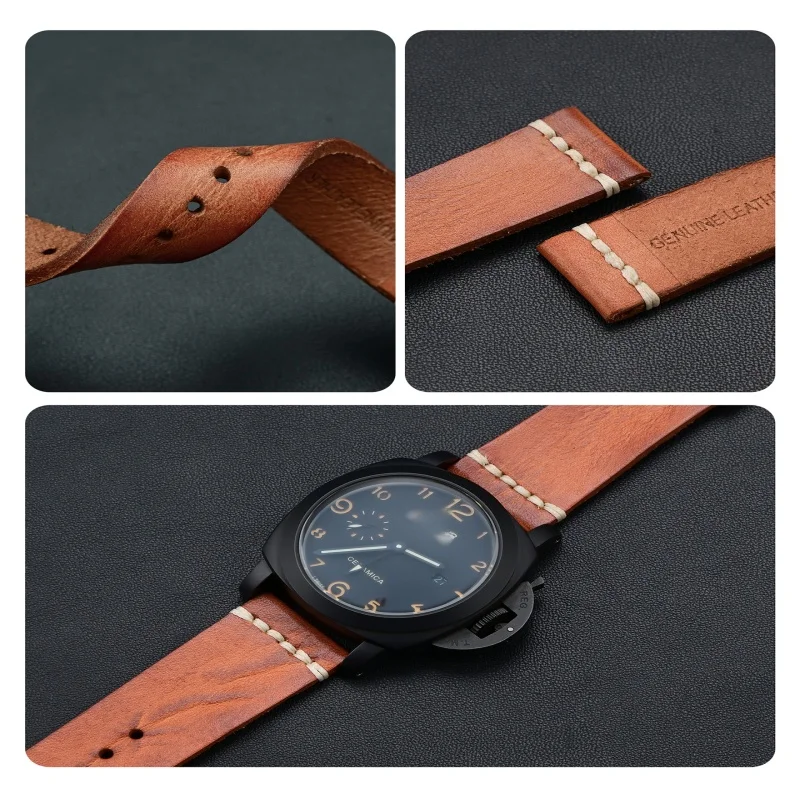 Genuine Pull Up Leather Watch Band for Rolex Submariner Hulk Kermit Black GMT Vintage Hand-Stitched Cowhide Strap 20mm 22mm 24mm