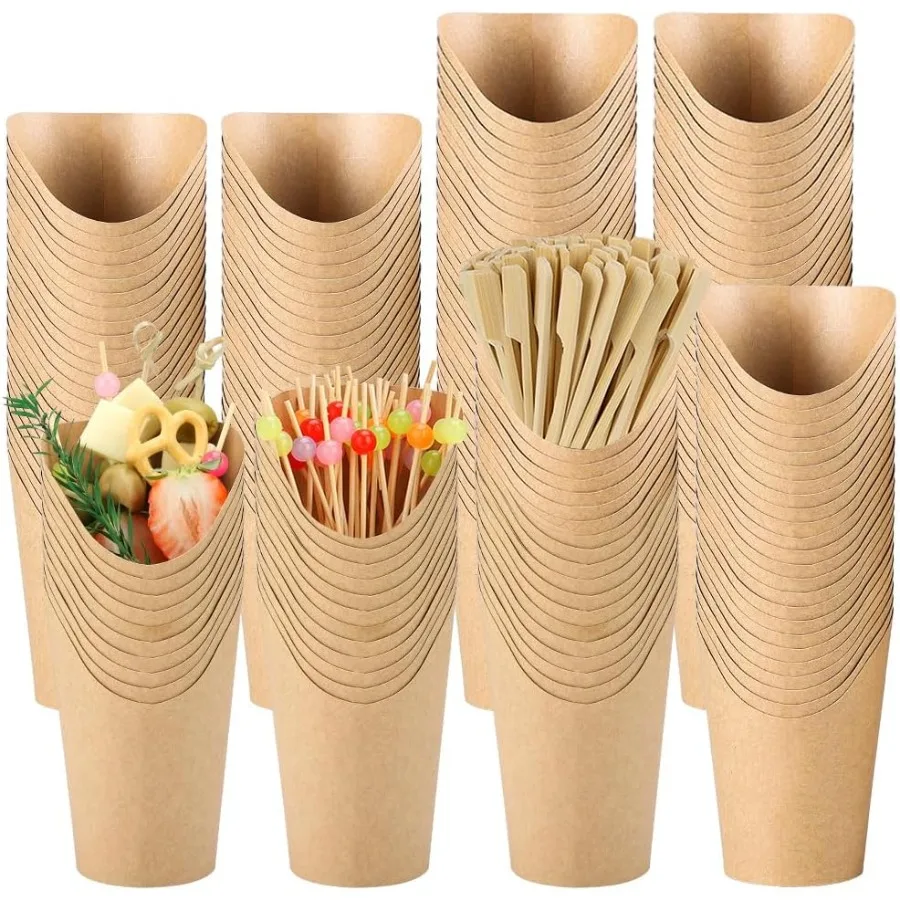 

Одноразовые чашки для закусок на 12 унций с палочками для закусок и десертов: 100 коричневых стаканчиков для закусок из крафт-бумаги с 200 коктейлями P