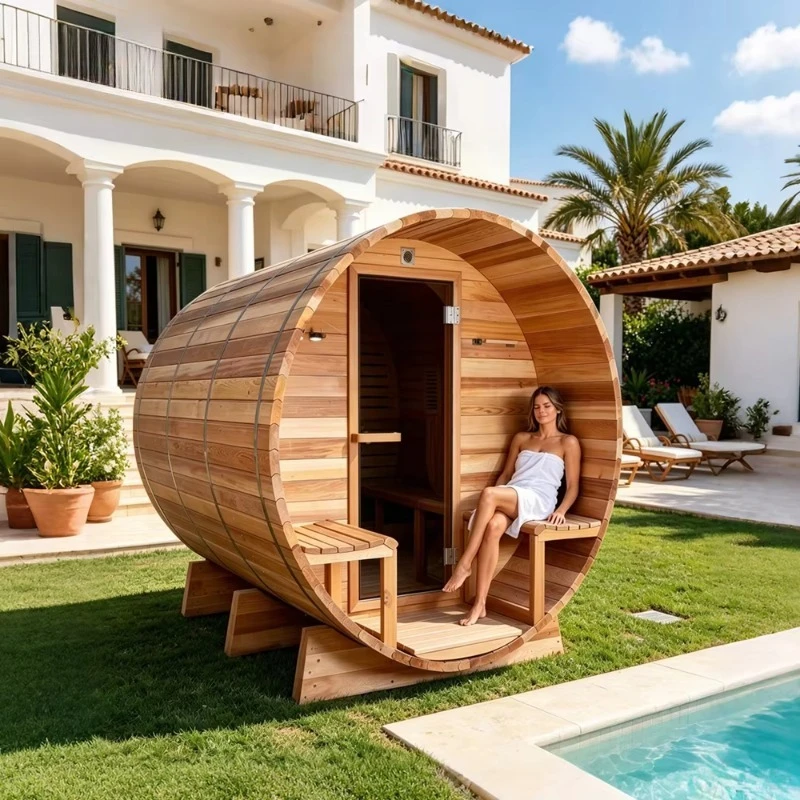 High End Wellness Cabin Custom, Single Piece Red Cedar Outdoor Barrel Sauna with Front Porch & Safety Control System