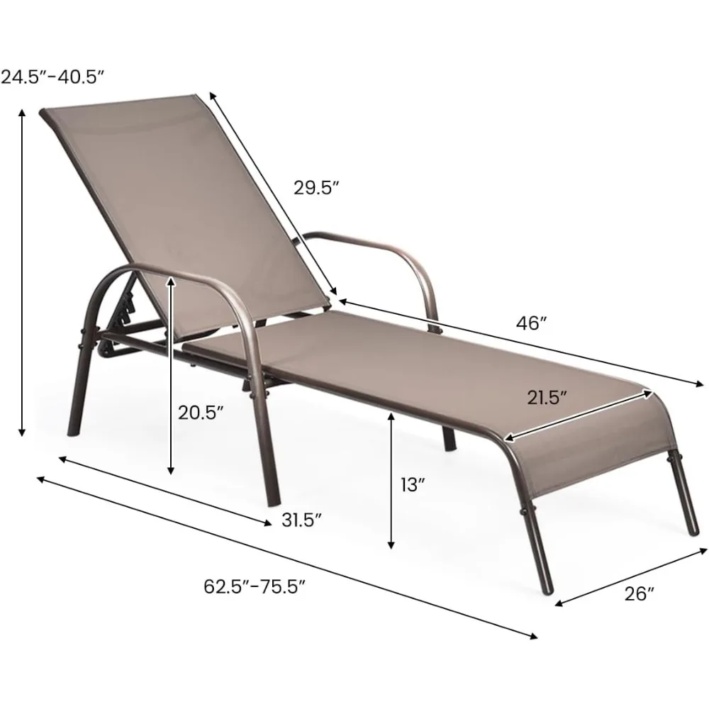 2 Pack Patio Lounge Chair 5 Adjustable Backrest Brown Outdoor Recliner with Steel Frame for Yard Beach Pool Balcony