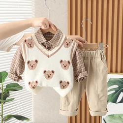 Autumn Baby Boys Knitted Vest Plaid Shirt Pants Children Clothing Sets Cartoon Infant Clothes Outfits Toddler Kids Tracksuit