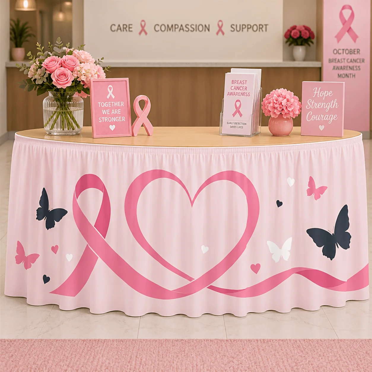 1 tablecloth table skirt, breast cancer awareness theme table skirt, flowing pink ribbon heart silhouette, butterfly silhouette