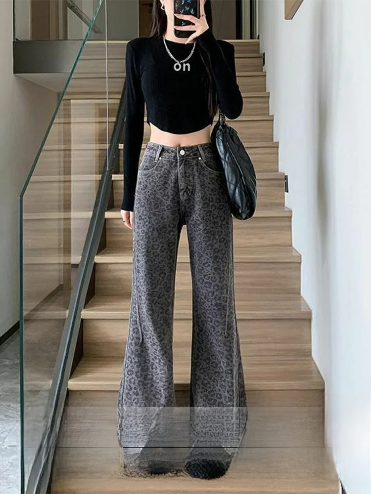 กางเกงยีนส์ทรงกระดิ่งลายเสือดาวสไตล์เรโทร ทรงตรง กระชับสัดส่วน เอวสูง ลำลอง สำหรับผู้หญิง ฤดูใบไม้ร่วง ฤดูหนาว รุ่นใหม่