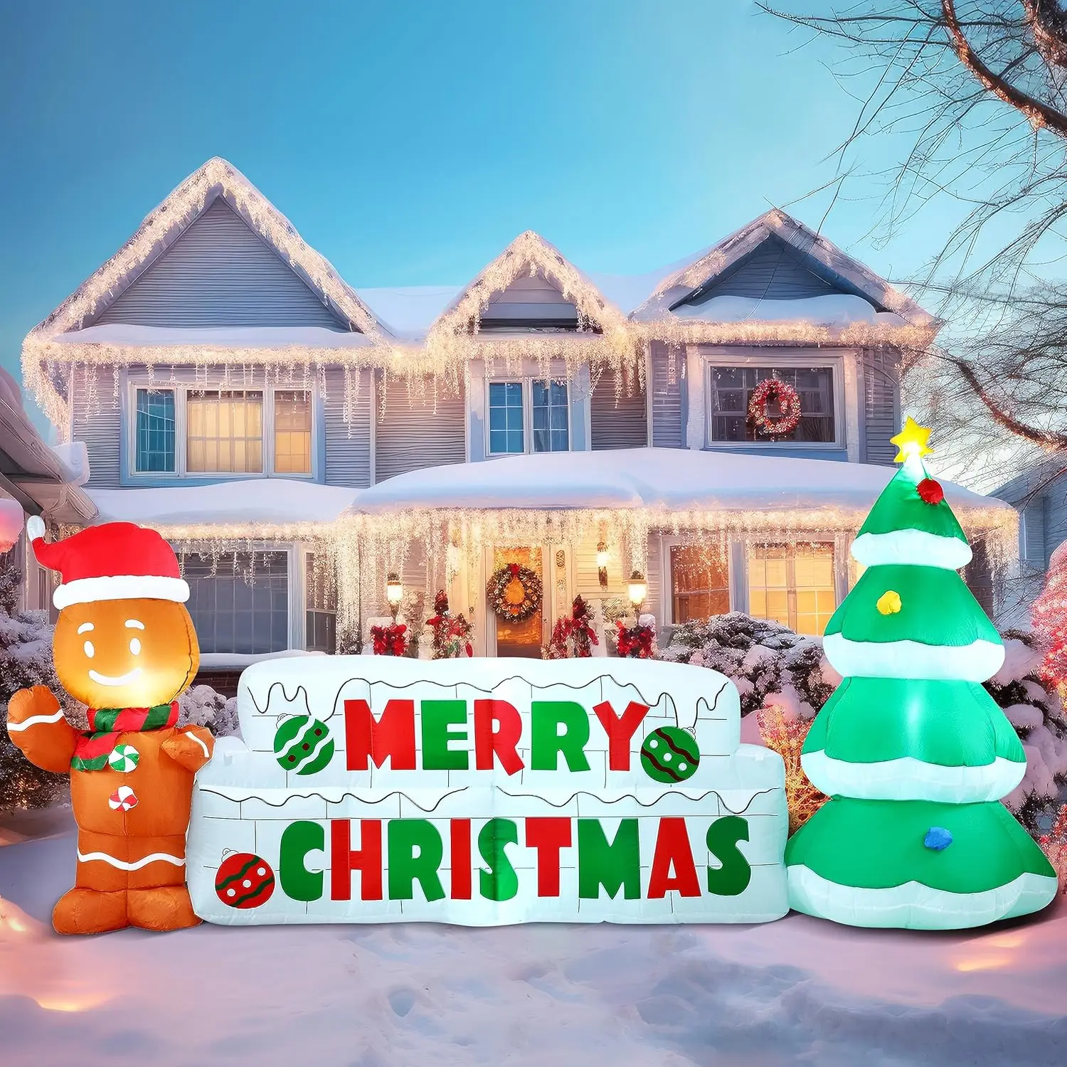 JOYFY 10 FT Christmas Inflatable Gingerbread Man & Christmas Tree Holiday Inflatable Outdoor Decoration  for Xmas Party Gift