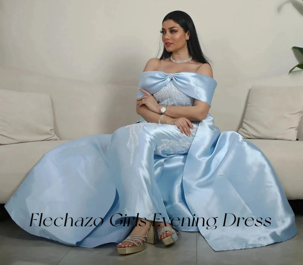Flechazo Sky Blue Satin Prom Dresses Off Shoulder Beads Floor-length Formal Occasion Party Dress For Women 2024 vestidos de gala