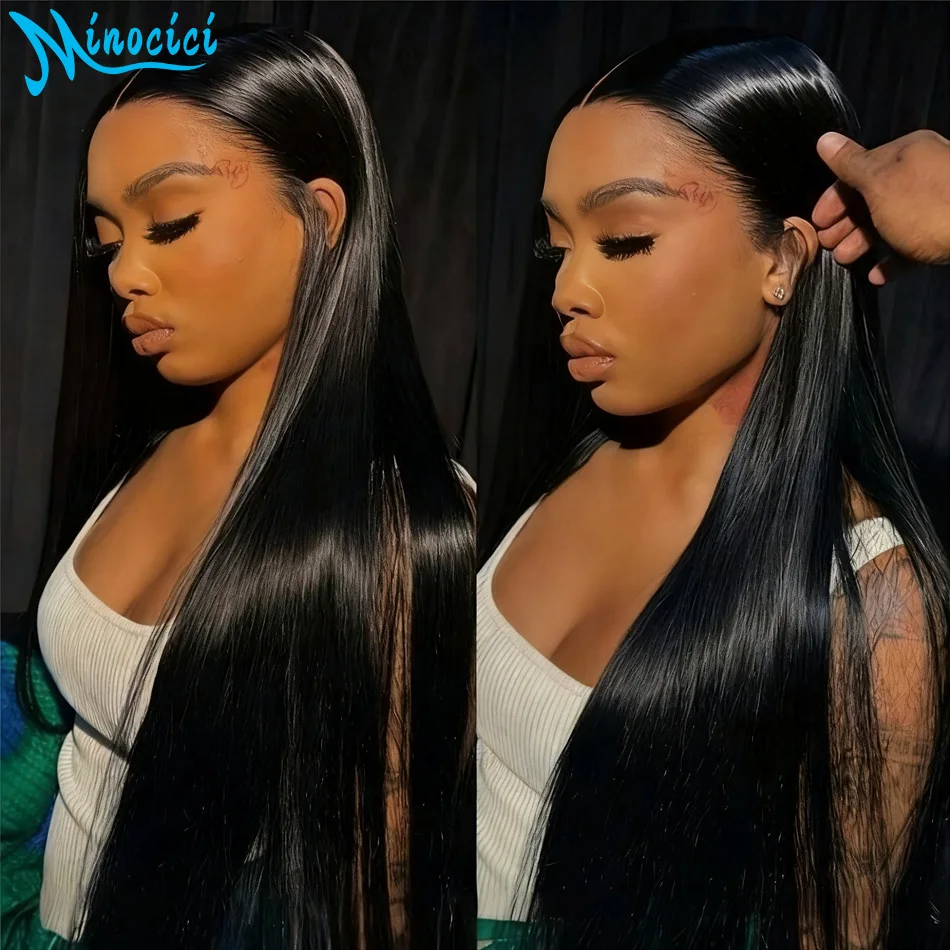 

40-дюймовые прямые парики из человеческих волос 13X6 Hd, кружевной фронтальный парик, 100% человеческие волосы, плотность 220, натуральный черный, предварительно сорванные бразильские парики