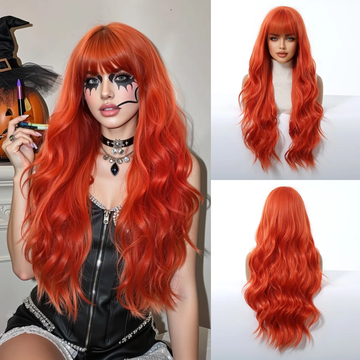 

Helloween Orange Synthetic Water Wavy Long Wigs with Bangs Natural Fake Hair for Women Use Party Cosplay Heat Resistant Fiber