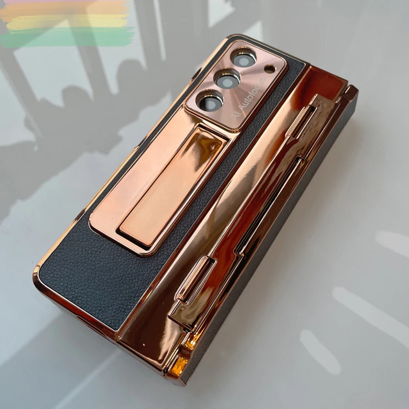 

For Samsung Galaxy Z Fold 5 Z Fold 3 4 Z Fold 6 5G Case With Screen Film Luxury Leather Plating Stand Flat Hinge Cell Phone Case