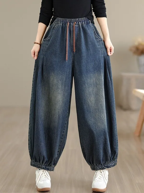 Artistic Faded Washed Denim Jeans Large Size Women's Casual Loose Fit Nine Points Harlan Pants Drawstring Elastic Waist