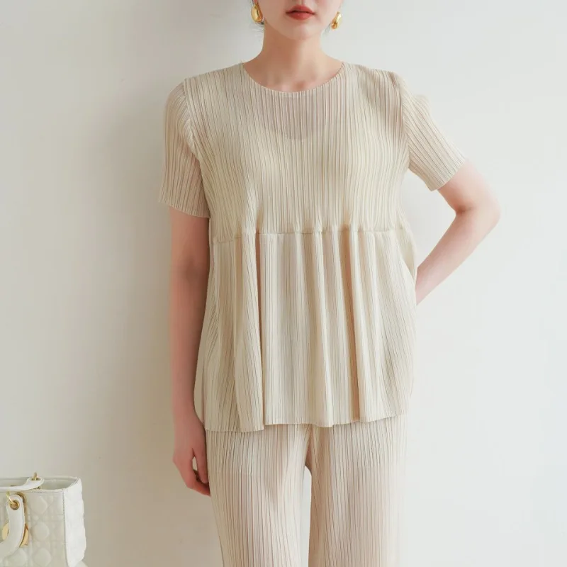 Miyake Sommer Plissee Frische Süße Casual Lose Spleißen Puppe Kleidung T-shirt Hemd Bequeme Casual Dünne Abschnitt Falten-Freies