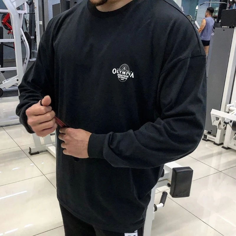 Męska trening gimnastyczny bawełniana koszulka siłownia Fitness na co dzień koszulka z długim rękawem do biegania męska bluza kulturystyczna