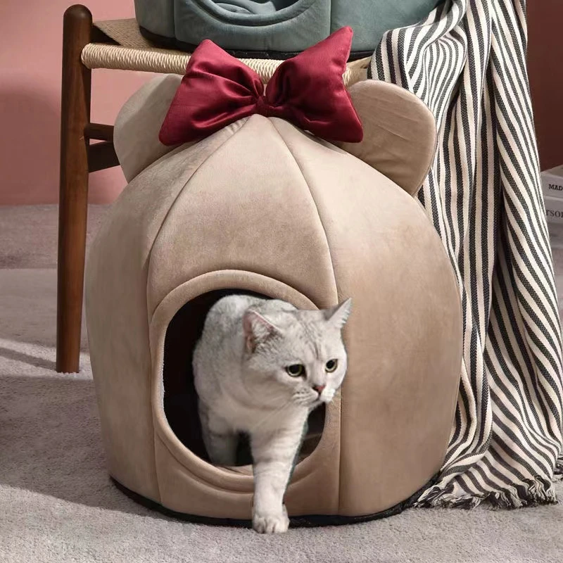 Cute Bowknot Deep Sleep Comfort Cat Bed House Soft Warm Bed Cats Dogs Plush Kennel Cave Cat Beds Accessories Couch Dogs Winter