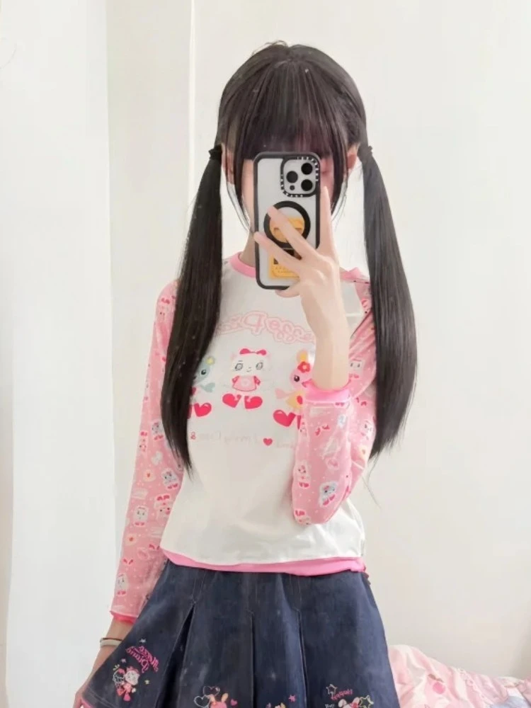 Subculture Women T-Shirt Long Sleeve Casual O-Neck Japanese Kawaii Cartoon Print Y2K Tees  Harajuku Outfit Sweet Y2K Spring Tops