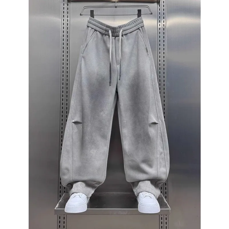 

plus Size Men's Casual Loose Wide Leg Pants American Sle Spor Trousers Autumn Winter New Pure Color Patchwork Knife