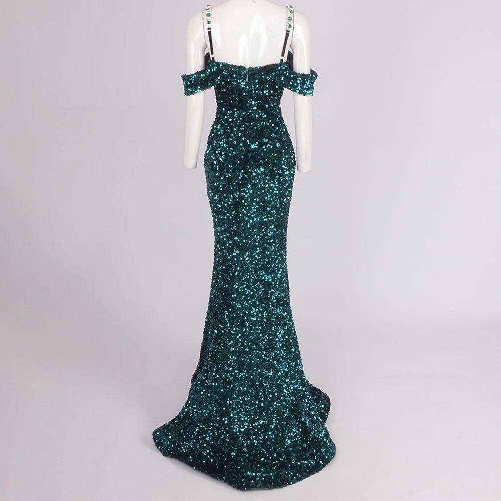 Glamorous Emerald Green Sequin Mermaid Gown Spaghetti-strap Gemstone Cocktail Party Formal Evening Long Dress
