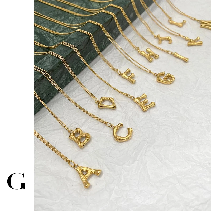 GHIDBK Cool Minimalist Street Style Bamboo A-Z Alphabets Initials Letters Pendant Collars Chokers Necklaces in Stainless Steel