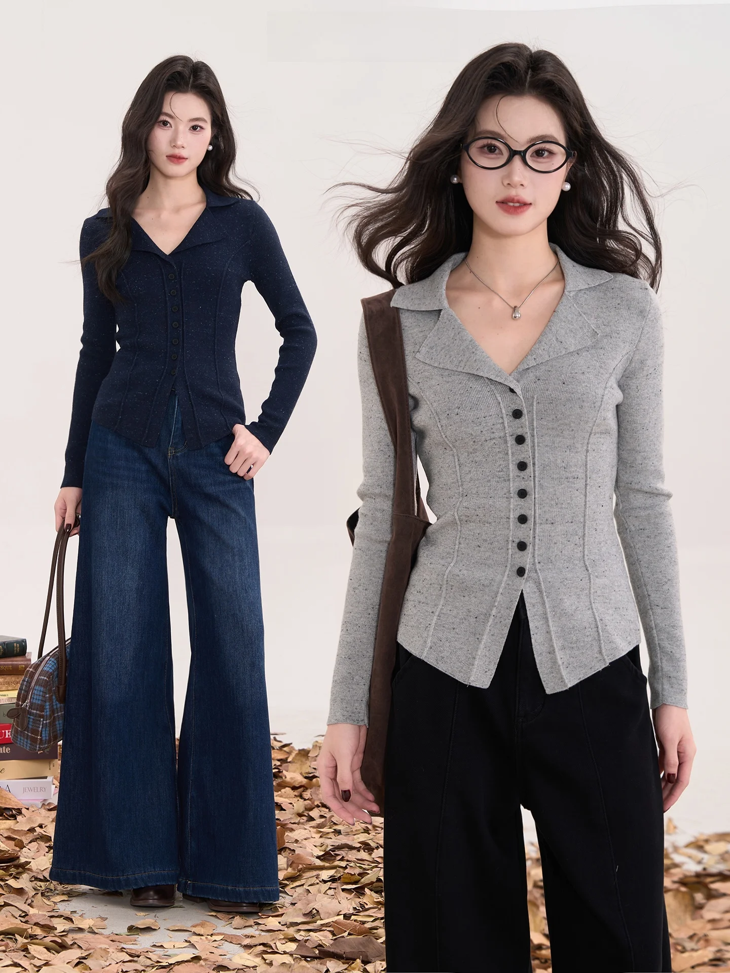 

Heme Spring Women's Long Sve Knitted Sweater Casual Sle Slim Fit Stripe Design Turn-down Collar Waist-cinching Knitwear