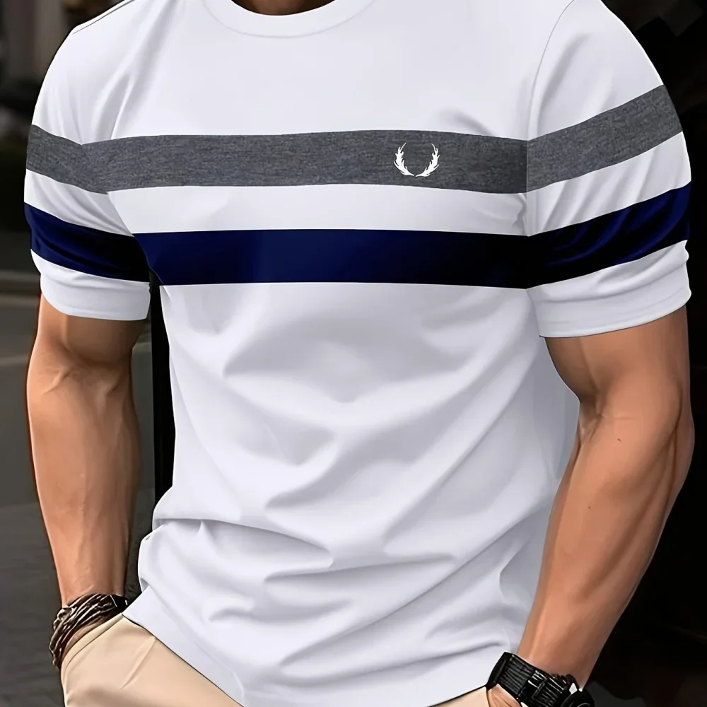 New striped 3D printed top, men\'s summer casual fashion lightweight breathable quick-drying 3D printed T-shirt, Asian size