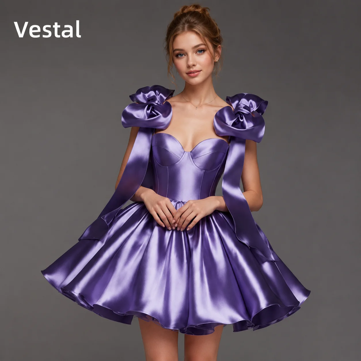 

Purple Strapless Homecoming Dress Sweetheart Satin Prom Dress Shoulder Bows Bridal Party Formal Evening Cocktail Customized