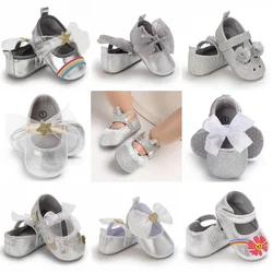 Cute 0-18M Spring Newborn Silver Baby Shoes Non Slip Cloth Bottom Girl Shoes Elegant Breathable Casual Baby First Walking Shoes