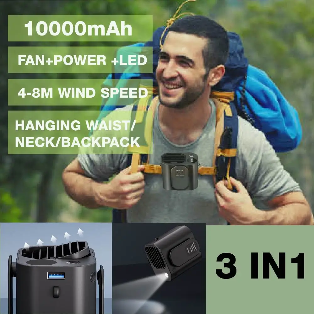 

10000mAh Waist Hanging Fan Neck Hanging Fan Outdoor Worker Portable Fan With Power Bank 5V 2A