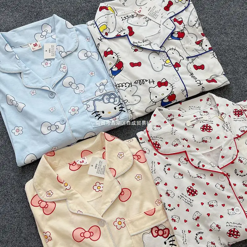 

Sanrios Anime Hello Kitty Cotton Pajamas Suit Kt Kawaii Cartoon Printed Nightgown 2Pcs Spring Child Cute Home Wear Girl Gift