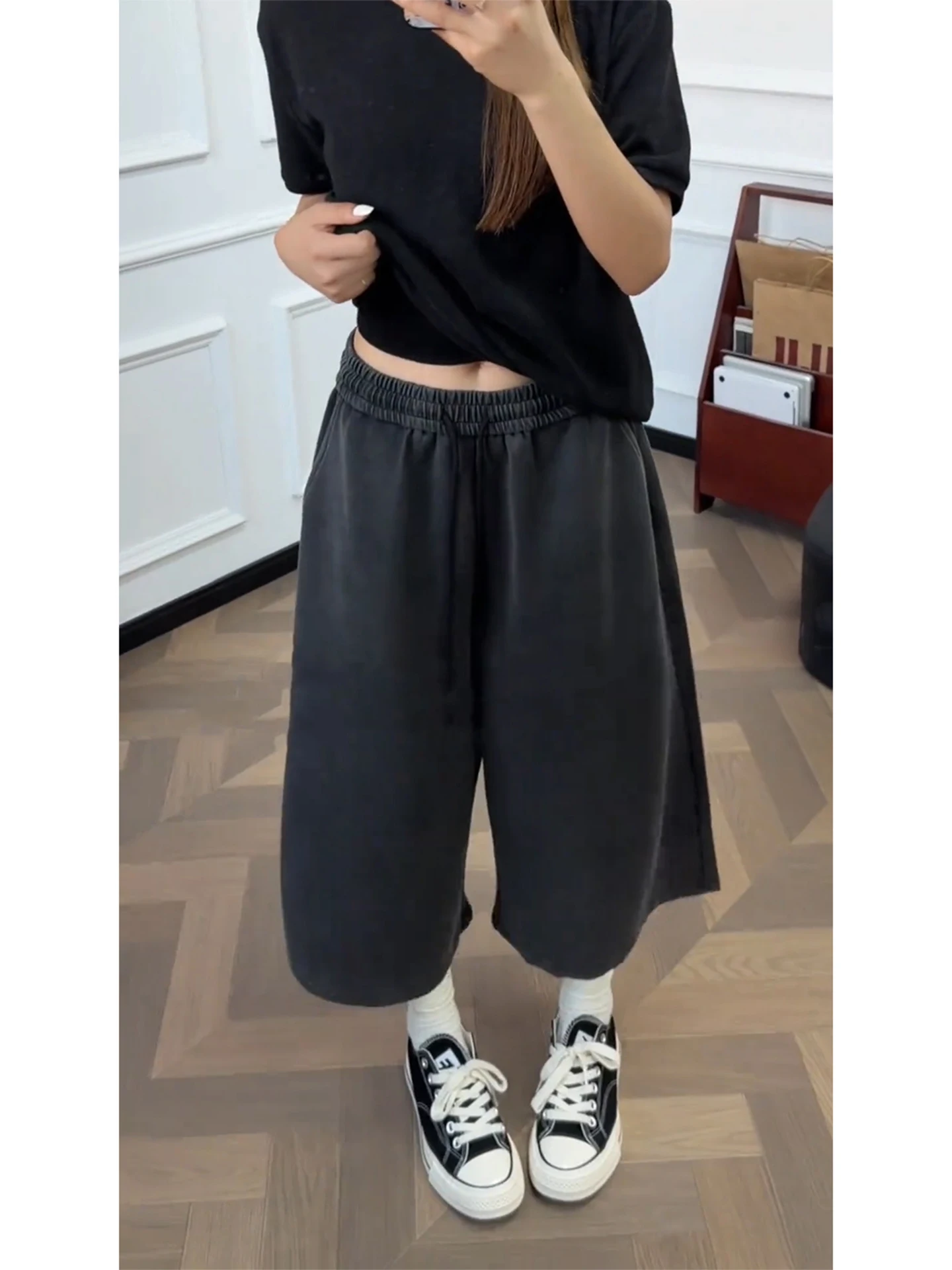

American Style Loose Wide Leg Casual Pants Black Washed Seven-Foot Summer Men Women High Street Vibe Straight Tube Trousers