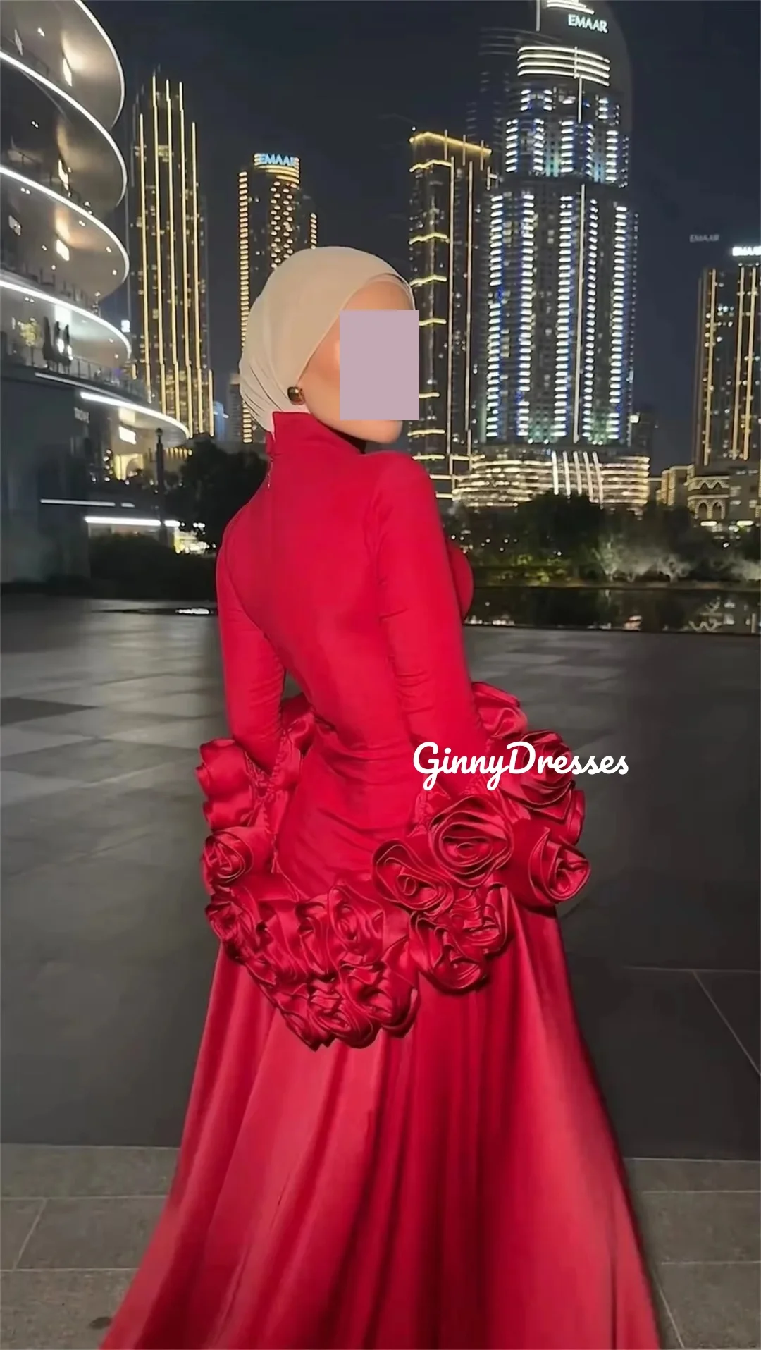 تخصيص فساتين السهرة الأحمر ألف خط عالية مغرفة العنق الطابق طول فساتين السهرة الفاخرة الزهور سستة حتى الأكمام الطويلة الرسمية #4