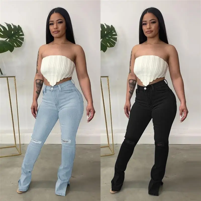 Traceable Cross-Border Summer New Denim Wish Ripped Slit Women's Jeans Long Straight Leg Pants Fashionable Ladies' Denim
