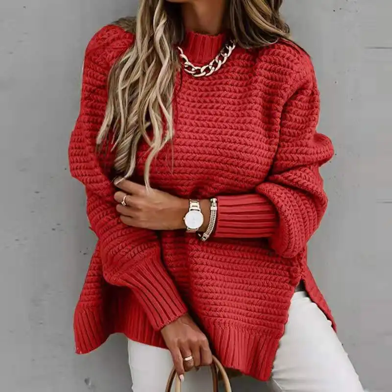 Fall Clothes Long Sleeve Top Women's Knitted Sweaters Slit Hem Round Neck Sweaters For Women  Ribbed Loose Soft Pullovers Black