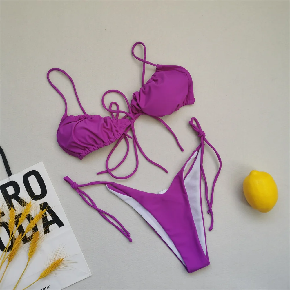 Mooie strandbikini met ruches en vetersluiting, string, dames, hete zomer, Y2K-trend, vakantie, badmode, aparte micro-badset