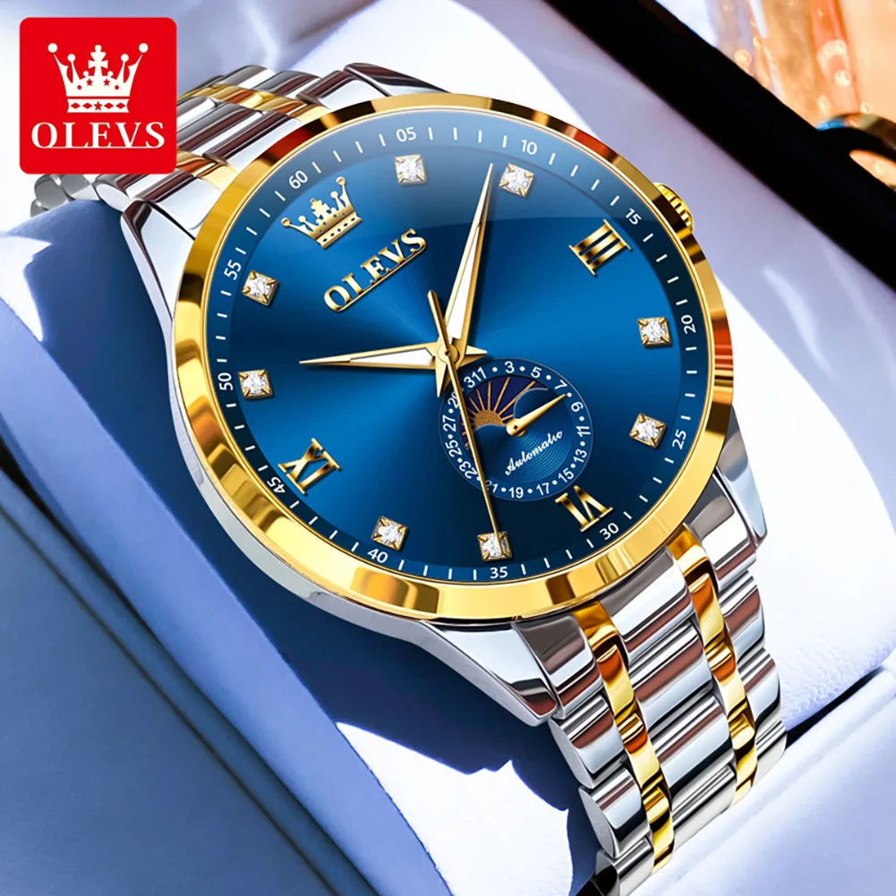OLEVS 7041 fase lunar partido automático hombres correa de acero resistente al agua escala de diamante marca Original de lujo reloj de pulsera mecánico para hombres