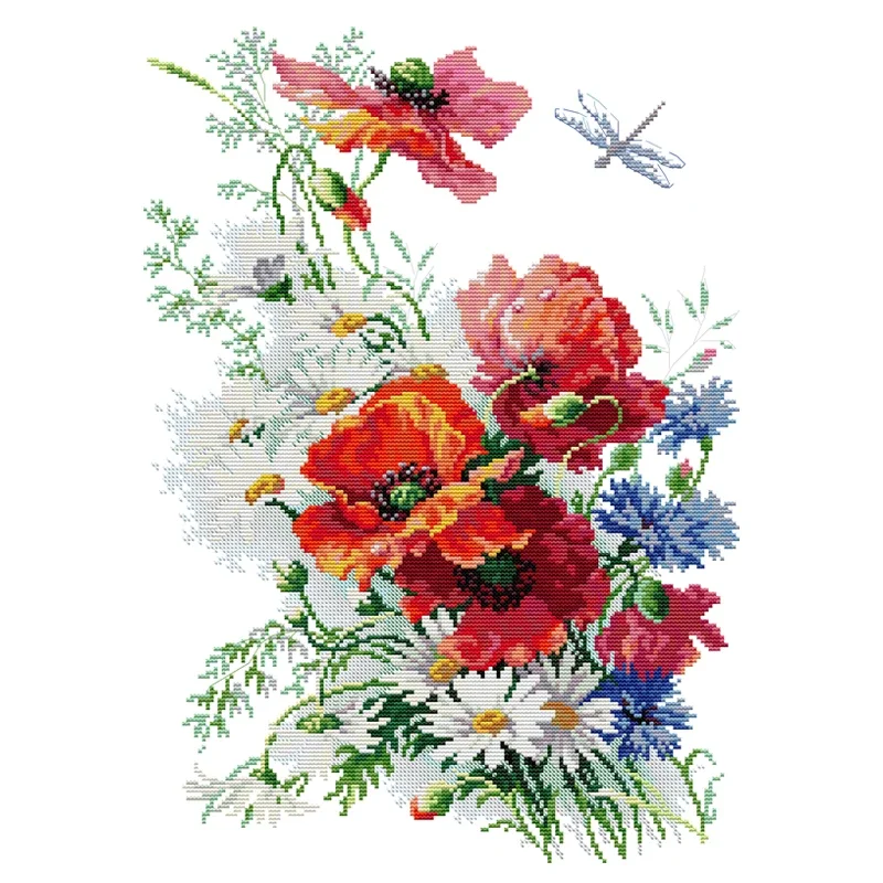 Joy Sunday Cross Stitch Kit Daisies and Poppies 11CT 14CT Printed Cross Stitch Embroidery Kit Set Crosstitch Kit DIY Needlework