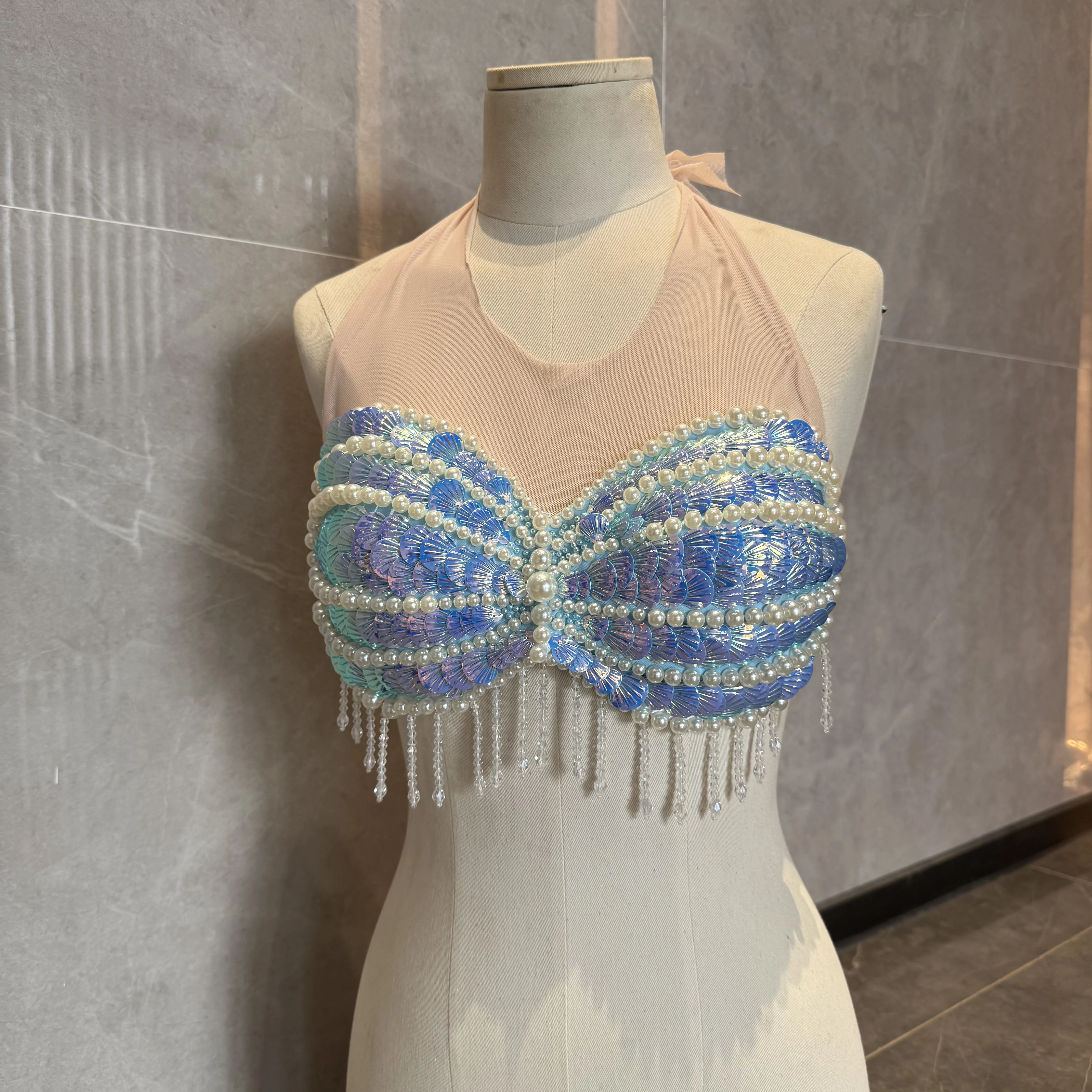 New Shell Fish Scale Bikini Sequins Lace-up Bra Realistic Mermaid Bra for Aquarium Shooting Dance Performance Beach Swimwear