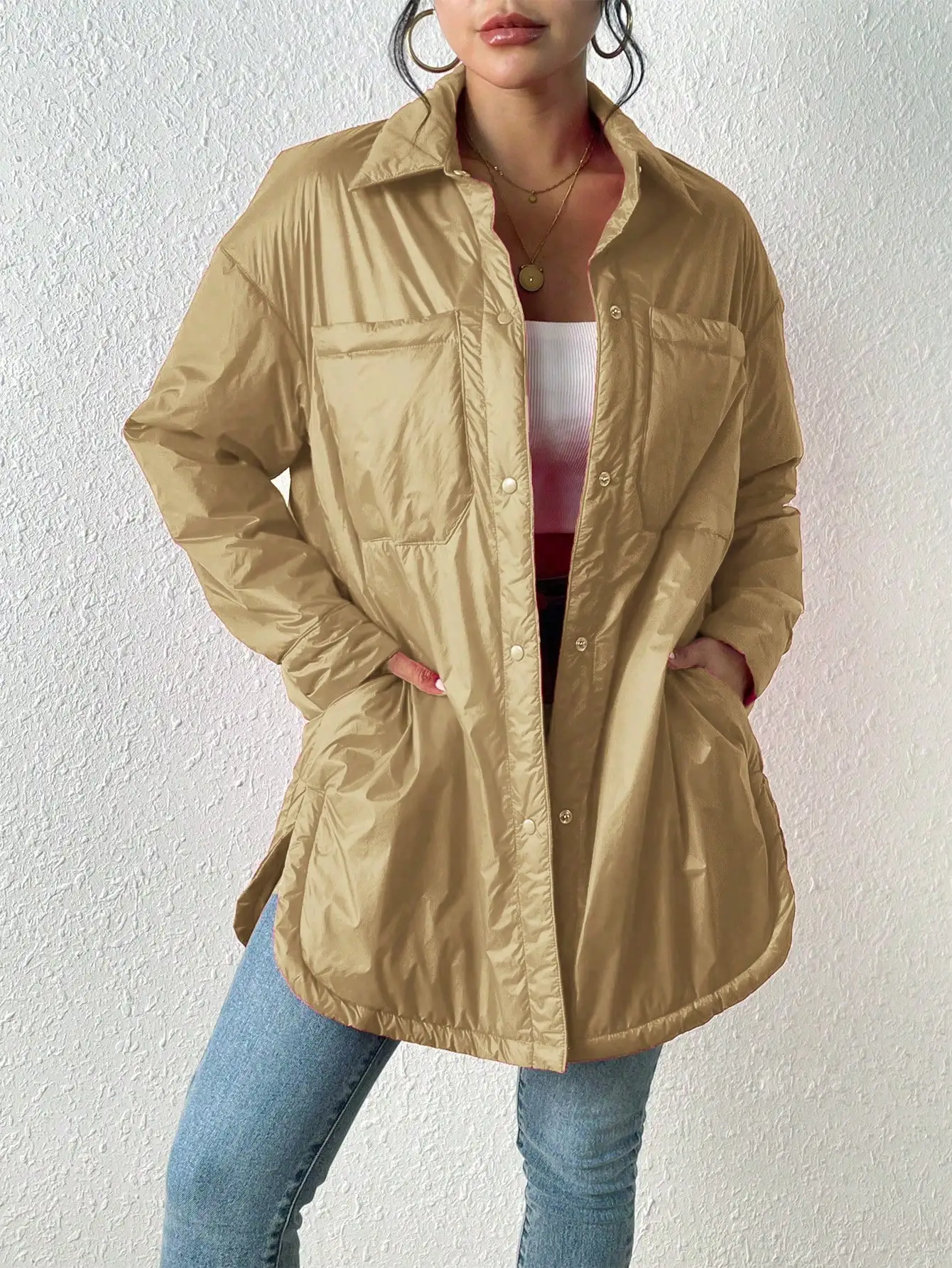 Oversized Jacket Front Pockets Long Jacket Thin Padded Parkas Women Outwear