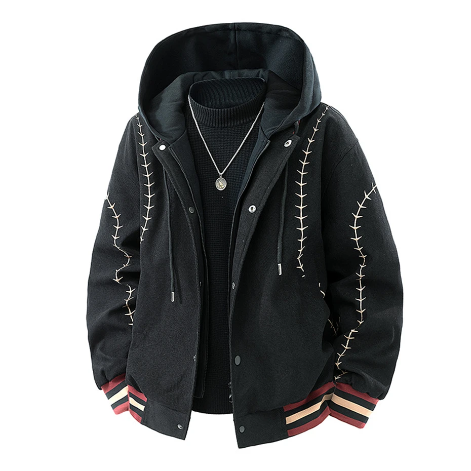 Jaqueta com Capuz e Zíper para Homens 2026, Hoodies de Primavera e Outono, Design de Bordado em Duas Peças, Jaqueta Casual Masculina