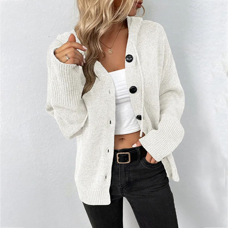 

White Cardigan Women Sweater Drawstring Knit Jacket Fashion Solid Colour Hooded Single Breasted Sweater Clothes