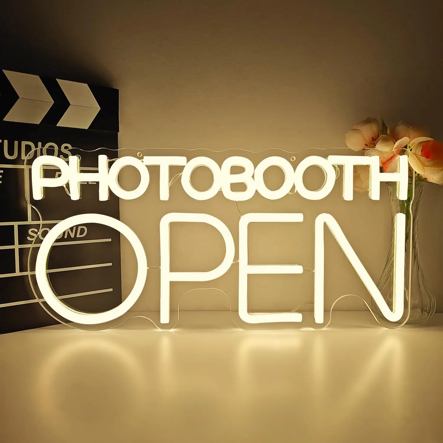 Photobooth Open Neon Sign USB Dimmable LED Photo Booth Light for Wedding Guestbook Engagement Party Business Reception Decor