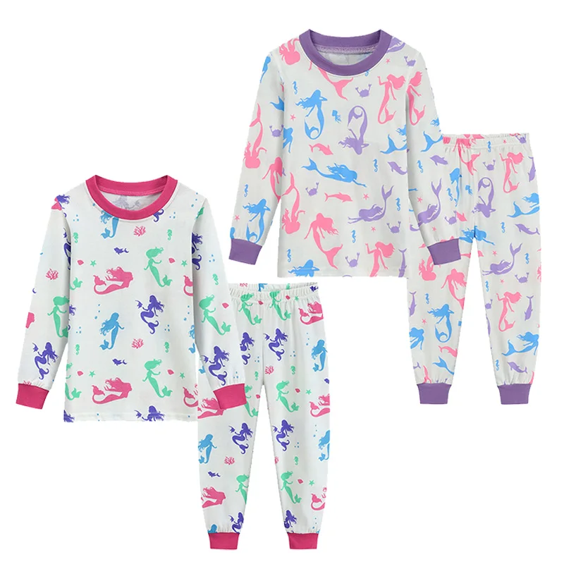 Little Hand Kids Long Sleeve Pajama Set Sweet Mermaid Ocean Print Cotton Sleepwear Loungewear Outfit for Little Girls 2-7 Years