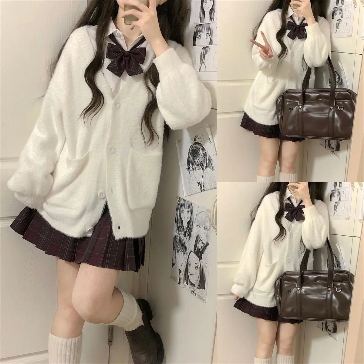 JK Cappotto cardigan maglione lavorato a maglia peloso Autunno Inverno Caldo top a maniche lunghe Gonna scozzese Abito uniforme Stile campus Gioco di ruolo carino