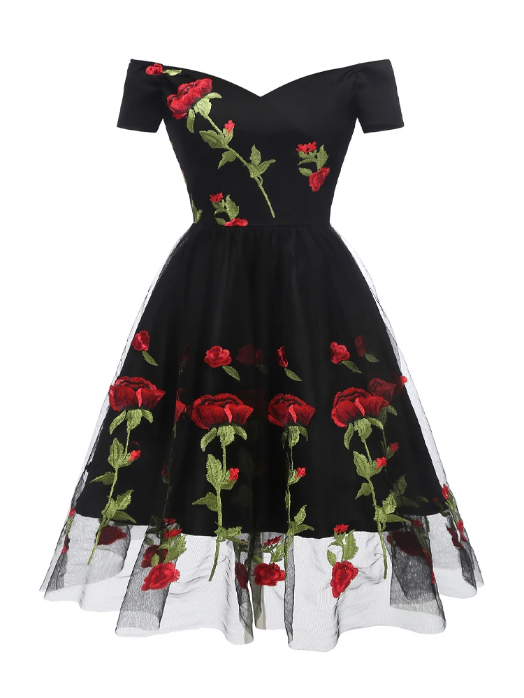 Black Rose Print Lace Party Dresses for Women 2023 Elegant Short Sleeved Patchwork Mid Length Skirt Evening Female Clothing