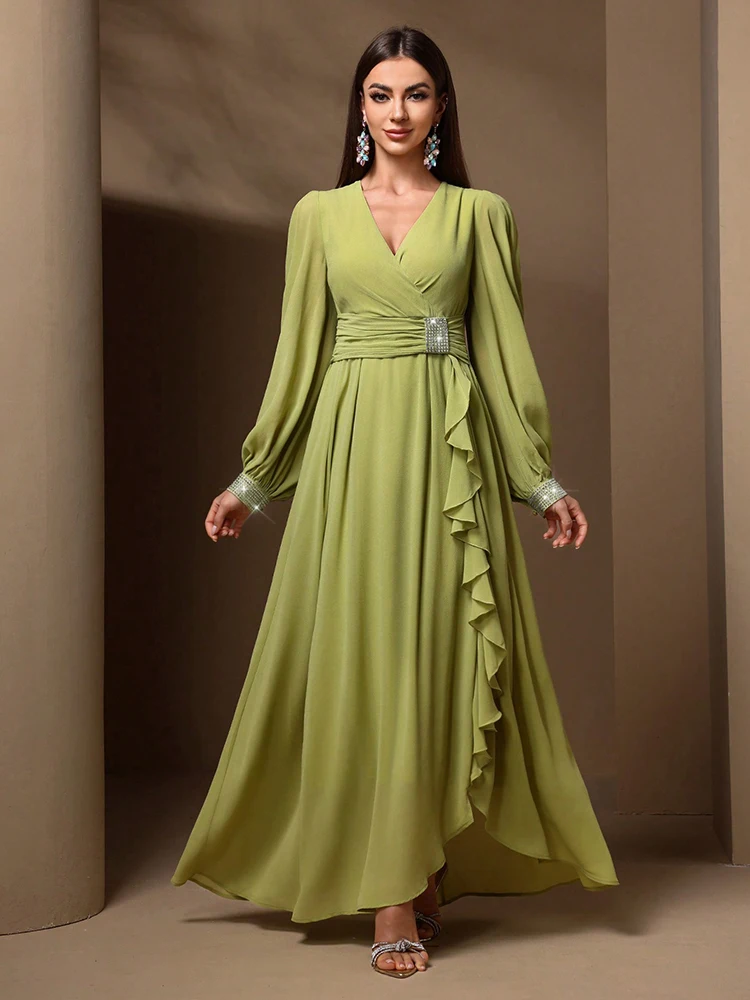 TOLEEN 2024 New Women\'s Spring/Summer Long Sleeve Draped Ruffle Luxury Elegant Formal Maxi Dress With Rhinestone Embellishment