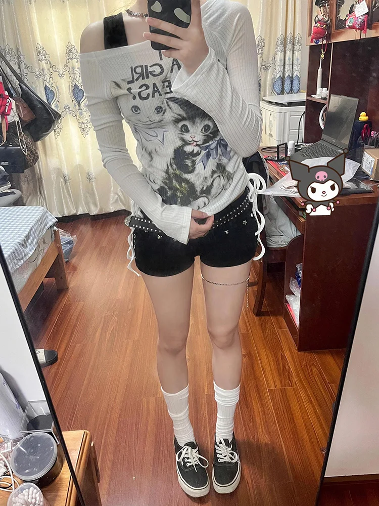 Camiseta Retro americana fiti de un solo hombro para mujer, camiseta larga adelgazante de verano, protección solar, fina, marca fresca Faion