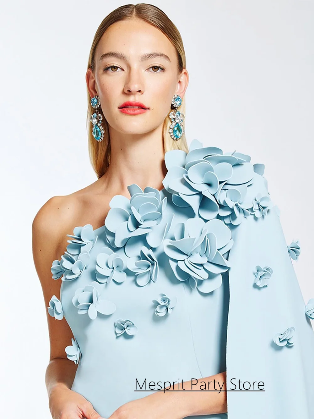 Vestido de noche corto azul pálido personalizado un hombro hecho a mano flores 3D vestido de fiesta de cóctel vestidos de fiesta árabes