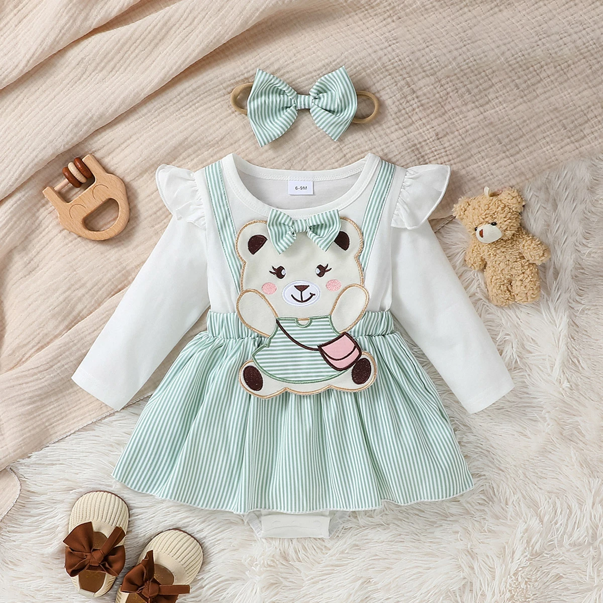 2PCS Baby Gilrs Long Sleeve Cute Spring/ Fall Jumpsuit With Stamp Type Bear Daily Casual Wear Clothing+Headband