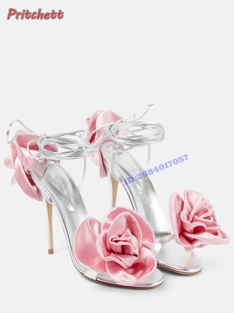 Pink Flowers Silver Leather Round Peep Toe Sandals Ankle Strap Thin High Heels Women Shoes Stiletto Dress Party New Arrivals