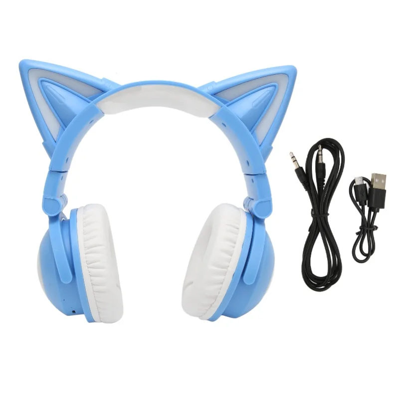 

Cat Ear Bluetooth Headset Stereo Cute High Sensitivity Built In Mic Adjustable LED Kids Headset With 3.5mm Cable Blue