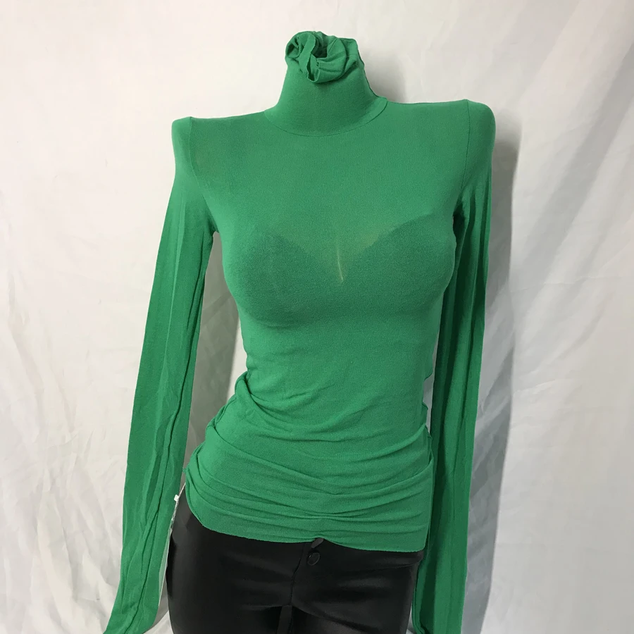 

Slimming Effect High Collar Puffy Sleeve Base Shirt Women's Inner Wear Cotton T-Shirt Regular Length Body Shape Enhancing
