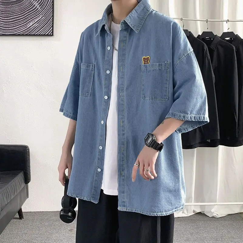 

Turn-down Collar Loose Man Shirts Handsome Short Sleeve Button Pockets Solid Korean Fashion Casual Spring Summer Men's Clothing